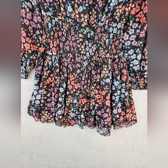 A.E. Studio Womens Floral Chiffon Full Button Front Mini Dress Sz M Black Purple - Picture 5 of 16